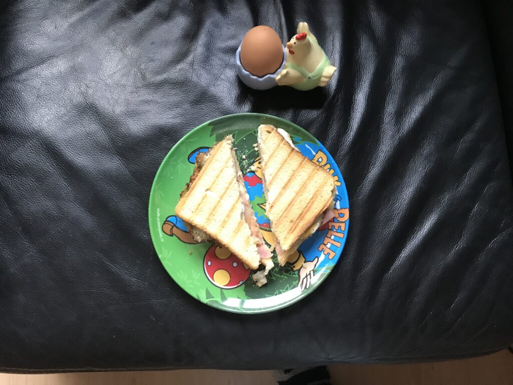 Grilled cheese sandwich and a boiled egg