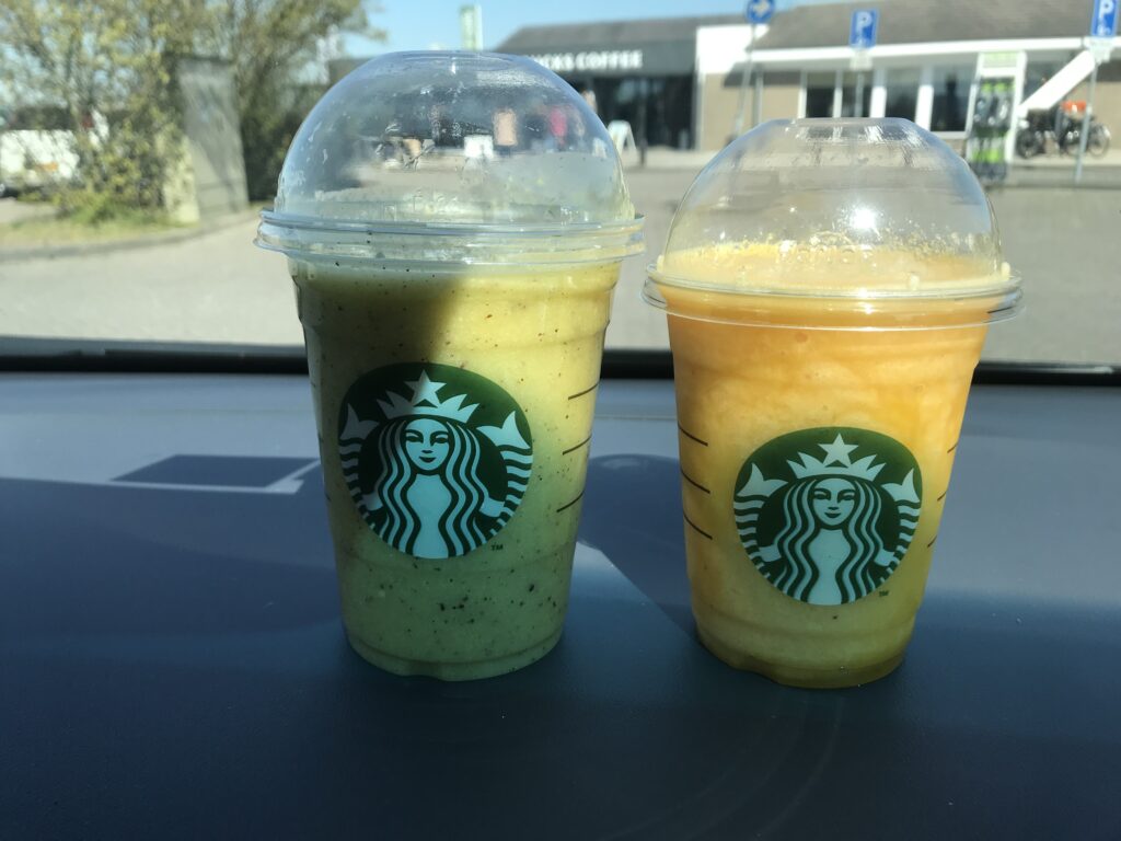 Starbucks cold drinks, standing on our dashboard