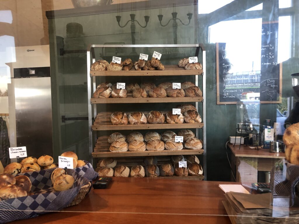 All the different breads, on a cart, on shelves, clearly visble, behind the counter