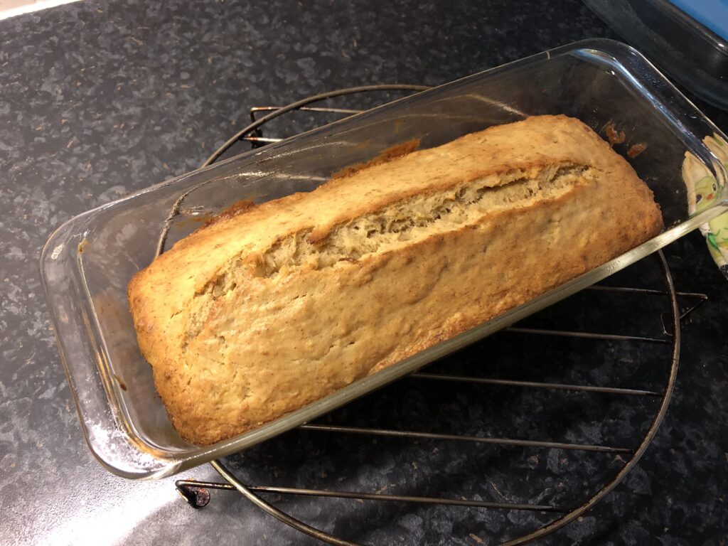 Bananabread, still in the glass cake mold