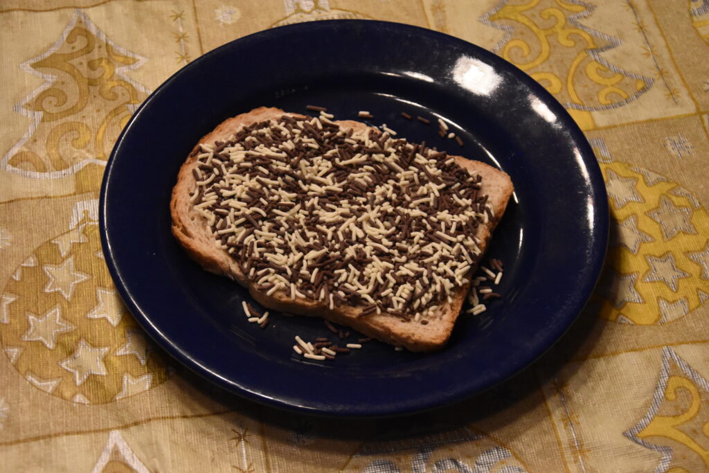 A slice of bread with chocolate sprinkles