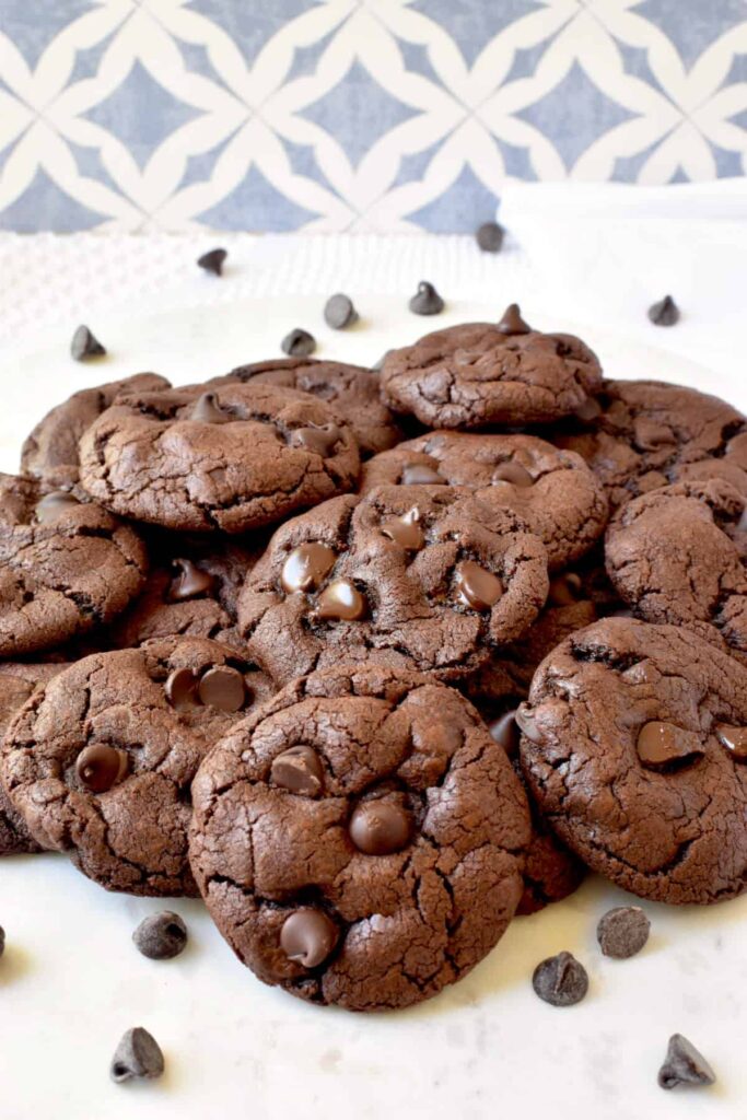Fudgy Chocolate Cookies with Cocoa Powder and Choc Chips by Simple Living Recipes, piled on a plate